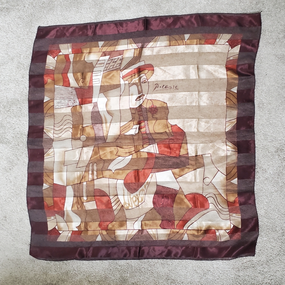 Vintage 80s Picasso Art Abstract Scarf Brown Red White Artsy Folk
